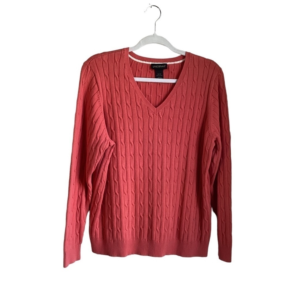 Lane Bryant Women’s Coral V-Neck Cable Knit Long Sleeve Sweater.  Size 18/20